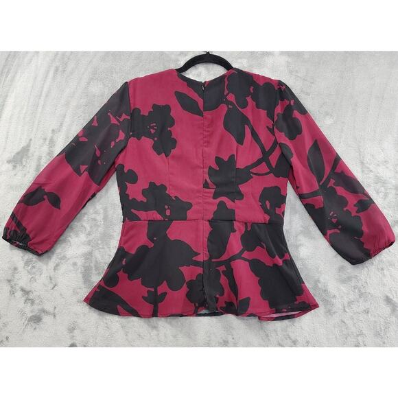 Eshakti Floral Print Georgette Peplum Blouse Size M-8 Black Pink Back Zip Office - Picture 4 of 13
